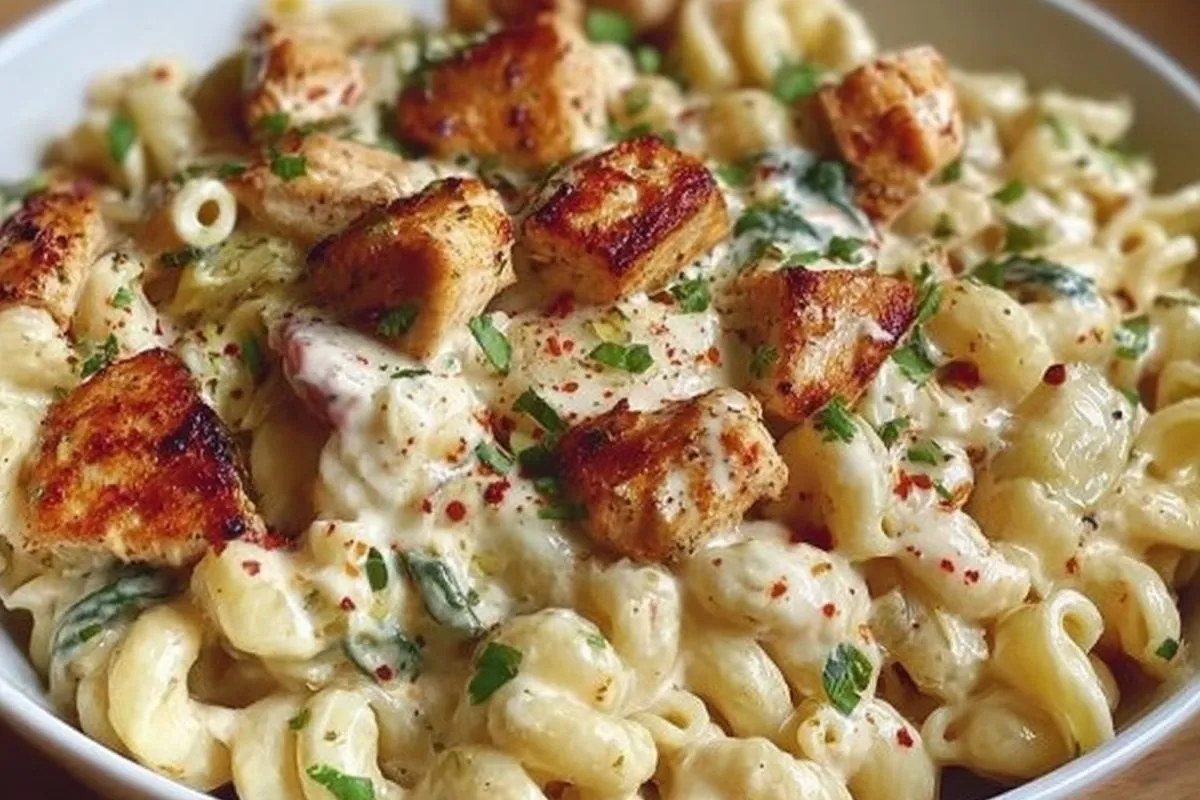 knoblauch-huhnchenbissen-mit-cremiger-cajun-spinat-artischocken-alfredo-pasta