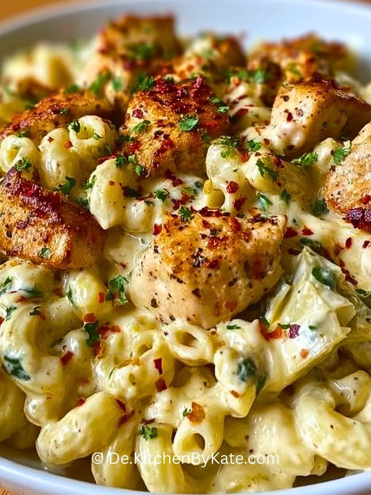 knoblauch-huhnchenbissen-mit-cremiger-cajun-spinat-artischocken-alfredo-pasta